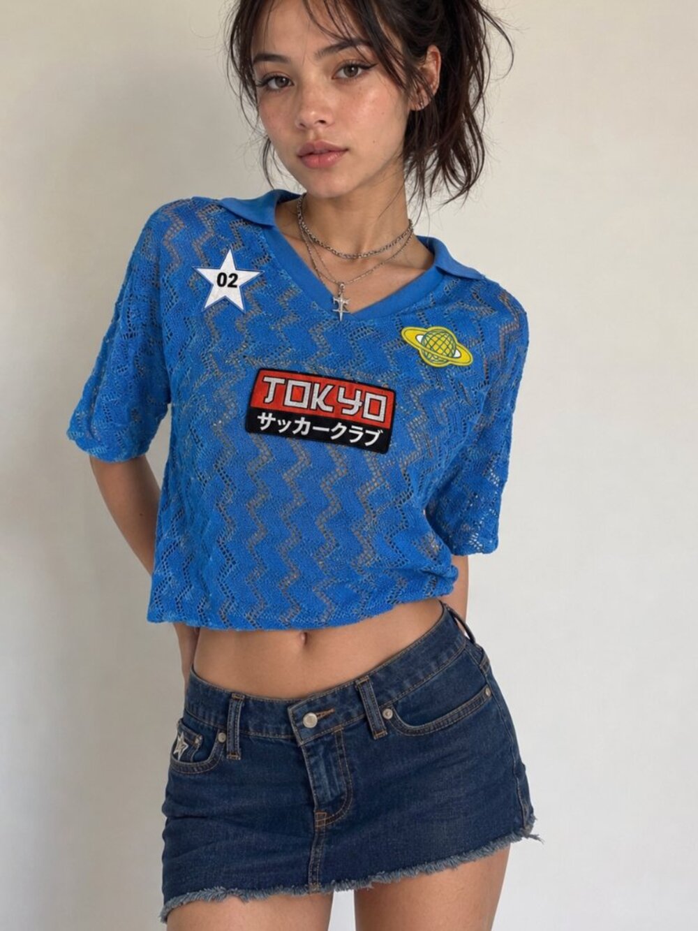 Wild Fable Blue Mesh Soccer Jersey Top XXS Y2K Sheer Knit Shirt